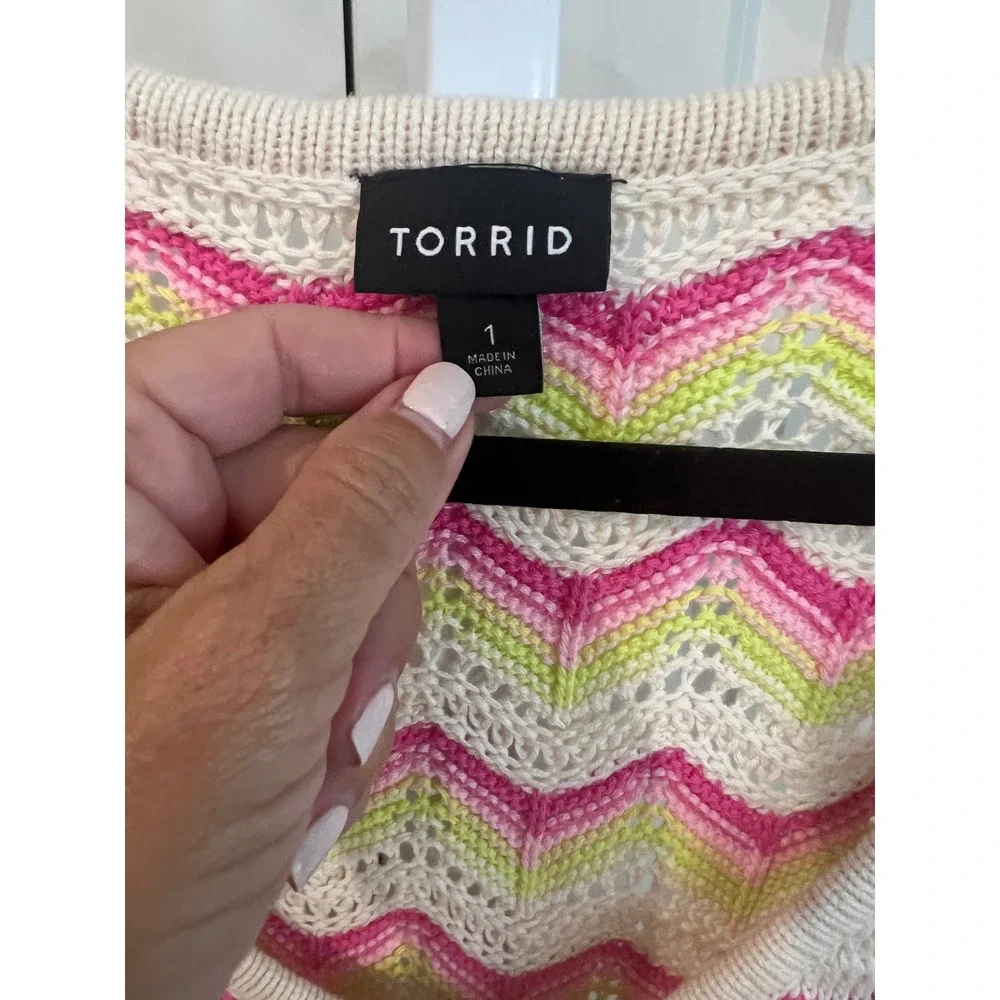 Torrid Pink Lime Green Chevron Crochet Cotton Short Sleeve Cardigan Sweater 1 - Picture 6 of 7